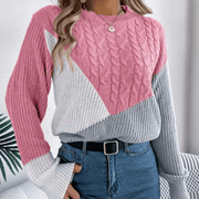 Women's Color Block Cable Knit Sweater, Relaxed Crewneck Winter Pullover