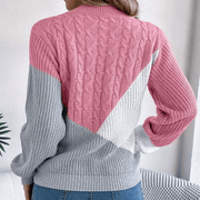 Women's Color Block Cable Knit Sweater, Relaxed Crewneck Winter Pullover