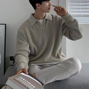 Men's Waffle Knit Quarter Zip Sweater, Oversized Collared Winter Pullover