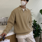 Men's Waffle Knit Quarter Zip Sweater, Oversized Collared Winter Pullover
