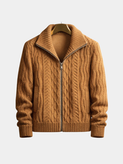 Men's Cable Knit Zip Up Cardigan, Fleece Lined Stand Collar Winter Sweater