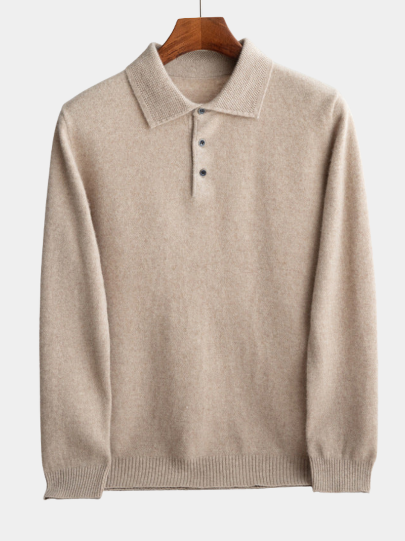 Men's Wool Polo Sweater, Fine Knit Long Sleeve Button Pullover