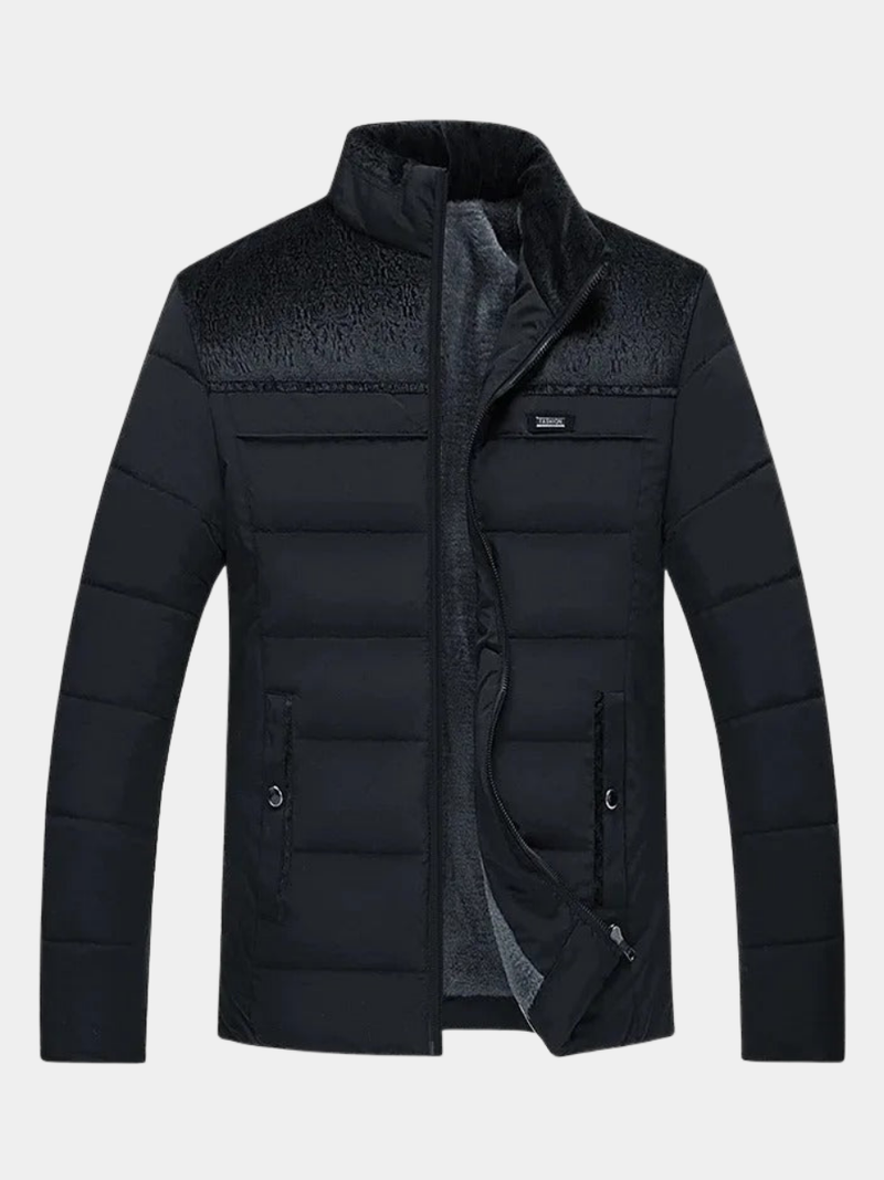 Men's Fleece Lined Padded Winter Jacket with Stand Collar and Zip Pockets