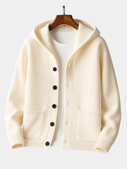 Men's Chunky Ribbed Knit Cardigan, Hooded Button Front Winter Sweater