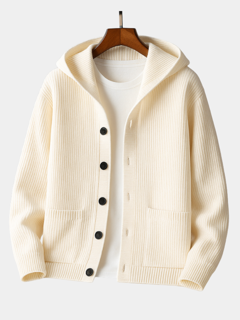 Men's Chunky Ribbed Hooded Cardigan with Button Front and Hip Pockets