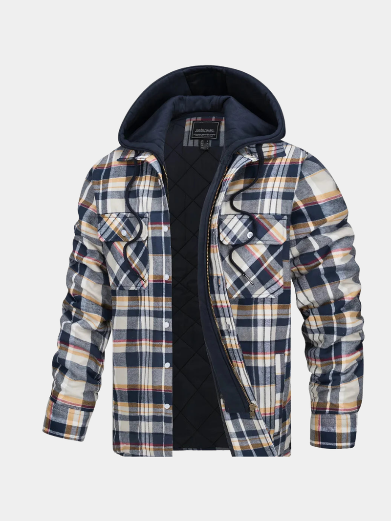 Men's Plaid Flannel Hooded Shirt Jacket with Quilted Lining and Snap Pockets