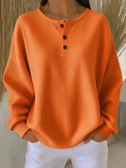 Women's Waffle Knit Henley Top, Oversized Crewneck Casual Pullover