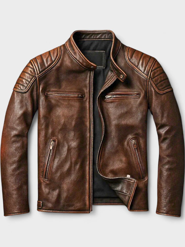 Men's Faux Leather Moto Jacket, Quilted Shoulder Zip Up Biker Jacket — view 2