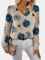 Women's Floral Print Knit Sweater, Lightweight V-Neck Pullover