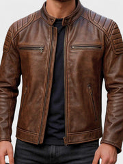 Men's Faux Leather Moto Jacket, Quilted Shoulder Zip Up Biker Jacket