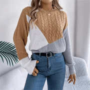 Women's Color Block Cable Knit Sweater, Relaxed Crewneck Winter Pullover