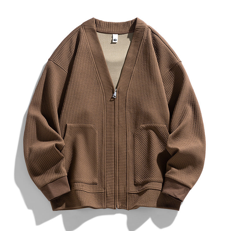 Men's Waffle Knit Zip Up Jacket, Lined V-Neck Cardigan Jacket — view 1