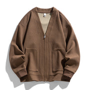 Men's Waffle Knit Zip Up Jacket, Lined V-Neck Cardigan Jacket