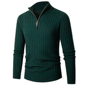 Men's Ribbed Knit Quarter Zip Sweater, Mock Neck Winter Pullover