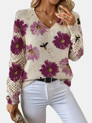 Women's Floral Print Knit Sweater, Lightweight V-Neck Pullover