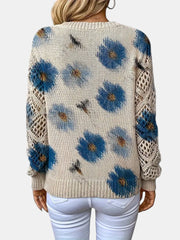 Women's Floral Print Knit Sweater, Lightweight V-Neck Pullover