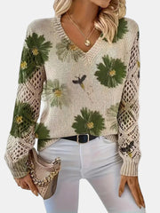 Women's Floral Print Knit Sweater, Lightweight V-Neck Pullover