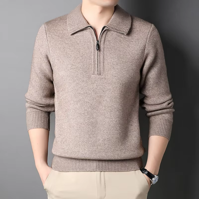 Men's Fine Knit Quarter Zip Sweater with Spread Collar and Ribbed Cuffs