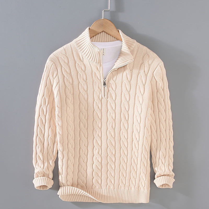 Men's Cotton Cable Knit Quarter Zip Sweater, Ribbed Winter Pullover — view 5