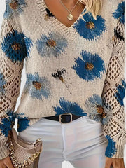Women's Floral Print Knit Sweater, Lightweight V-Neck Pullover