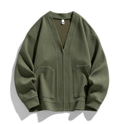 Men's Waffle Knit Zip Up Jacket, Lined V-Neck Cardigan Jacket