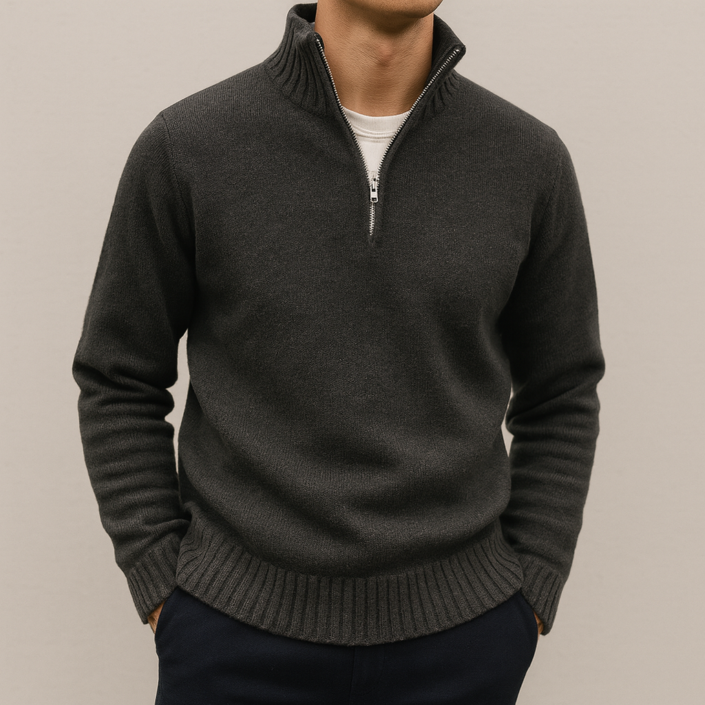 Men's Cotton Blend Quarter Zip Sweater, Stand Collar Pullover – Darkgrey — view 3