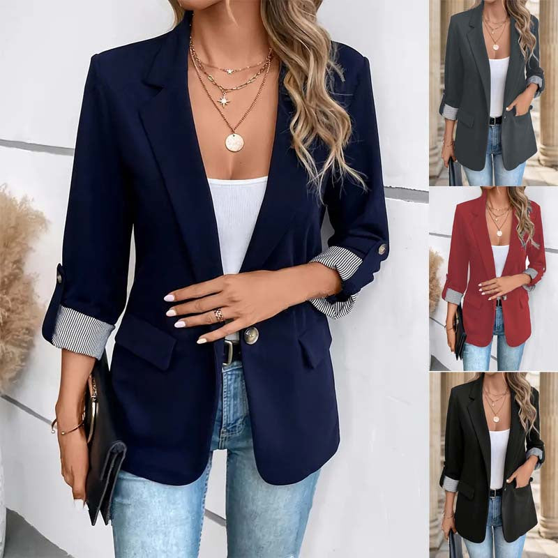 Women's Open Front Notch Lapel Blazer with Roll Sleeve Tabs and Striped Cuffs