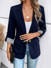 Women's Open Front Blazer, Notch Lapel Roll Sleeve Office Jacket