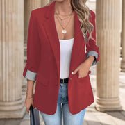 Women's Open Front Blazer, Notch Lapel Roll Sleeve Office Jacket
