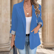 Women's Open Front Blazer, Notch Lapel Roll Sleeve Office Jacket