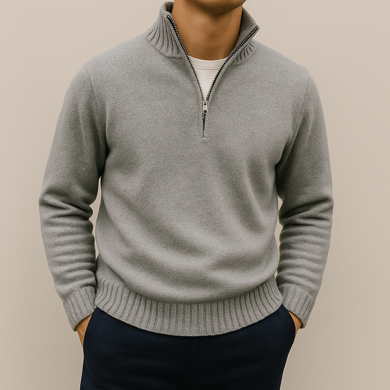 Men's Cotton Blend Quarter Zip Sweater, Stand Collar Pullover – Darkgrey