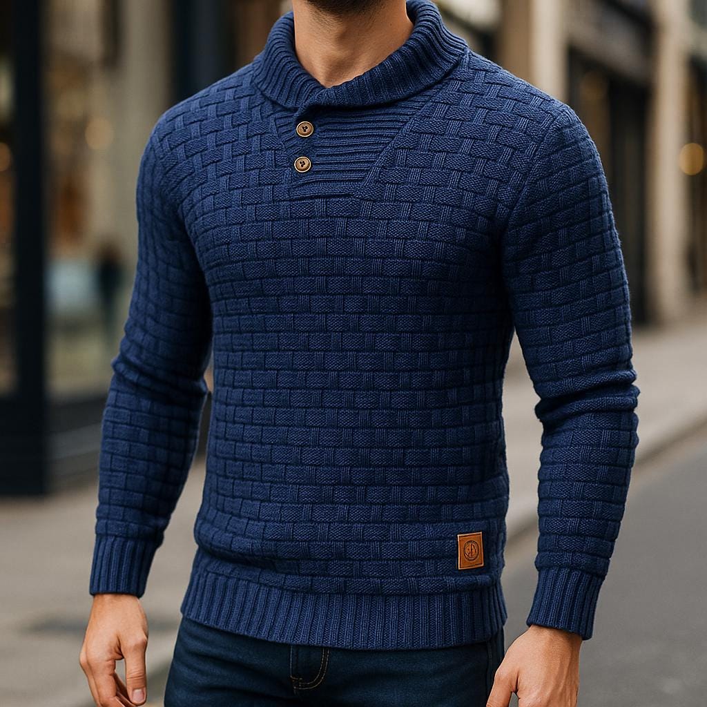 Men's Textured Knit Sweater, Button Collar Winter Pullover — view 1