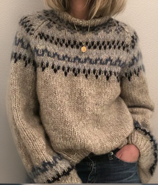 Women's Oversized Chunky Fair Isle Sweater with Mock Neck and Stripe Cuffs