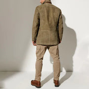 Men's Leather Button Front Jacket with Contrast Collar and Trim