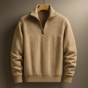 Men's Textured Cable Knit Quarter Zip Sweater, Stand Collar Winter Pullover