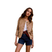 Women's Faux Suede Cropped Jacket, Gold Button Collarless Blazer