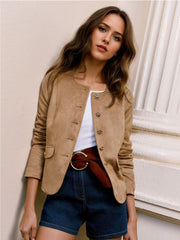Women's Faux Suede Cropped Jacket, Gold Button Collarless Blazer