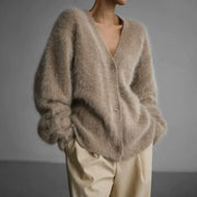 Women's Fluffy Brushed Knit Cardigan, V-Neck Button Front Winter Sweater