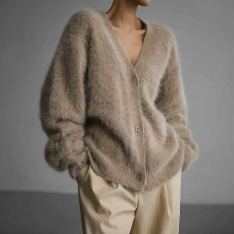Women's Fluffy Brushed V Neck Cardigan with Relaxed Fit and Button Front