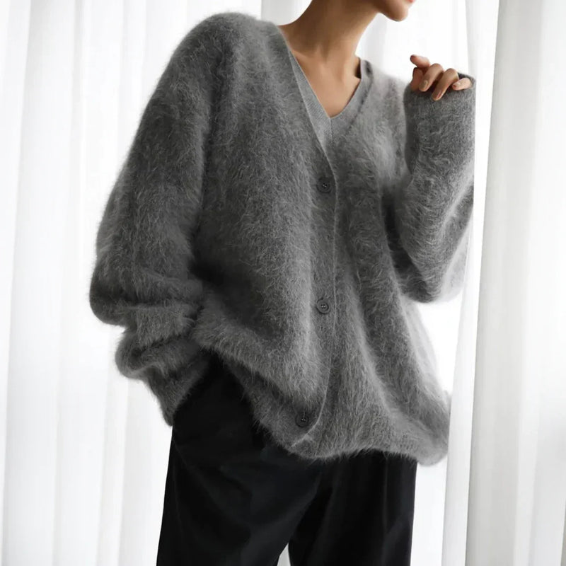 Women's Fluffy Brushed V Neck Cardigan with Relaxed Fit and Button Front