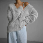 Women's Fluffy Brushed Knit Cardigan, V-Neck Button Front Winter Sweater