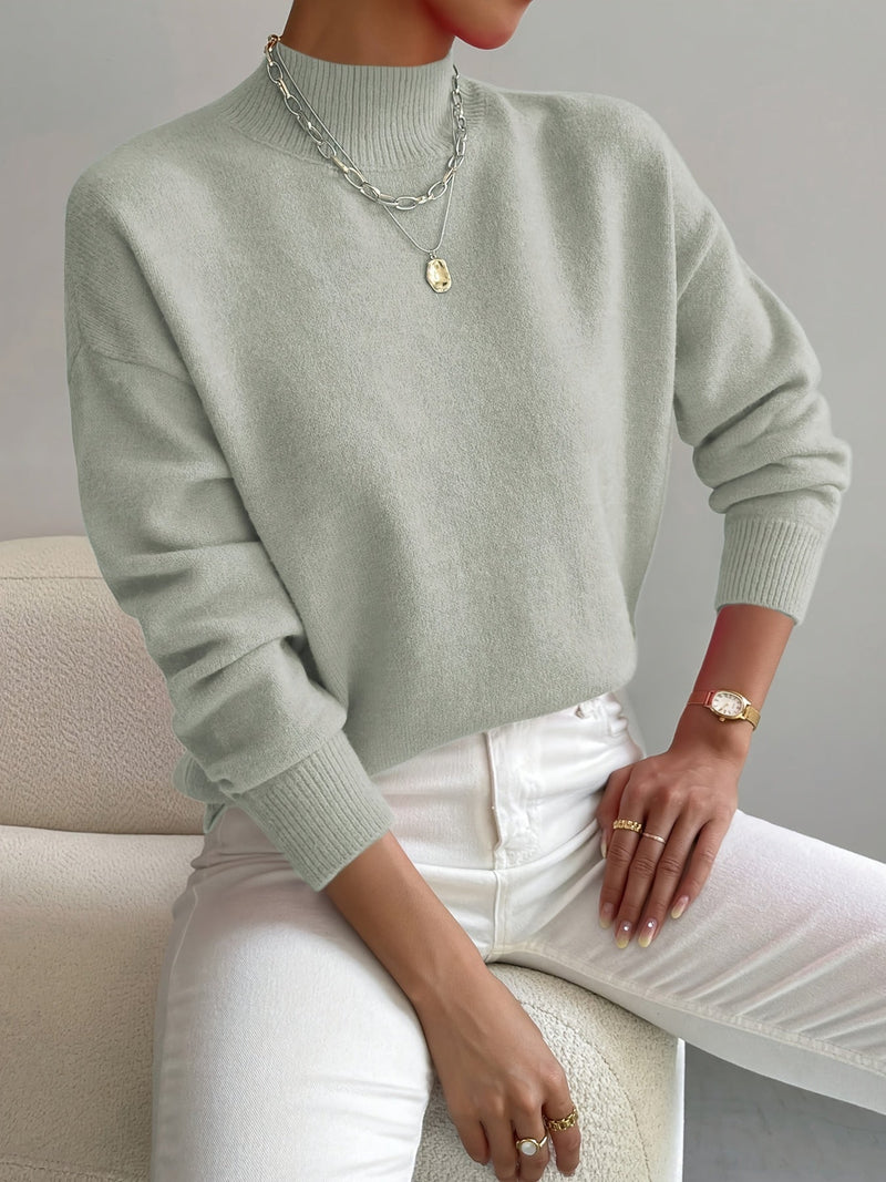 Women's Soft Brushed Mock Neck Sweater with Relaxed Fit and Ribbed Cuffs