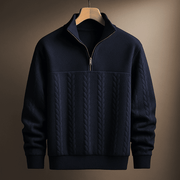Men's Textured Cable Knit Quarter Zip Sweater, Stand Collar Winter Pullover