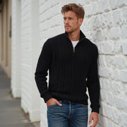 Men's Cable Knit Quarter Zip Sweater, Stand Collar Winter Pullover