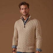 Men's Cable Knit Quarter Zip Sweater, Stand Collar Winter Pullover