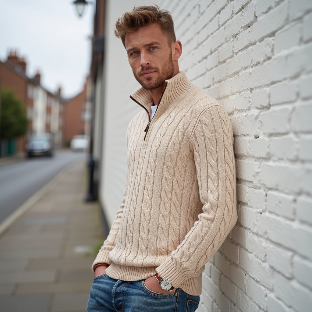 Men's Cable Knit Quarter Zip Sweater, Stand Collar Winter Pullover — view 2