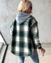 Women's Plaid Hooded Shirt Jacket, Button Front Brushed Check Overshirt