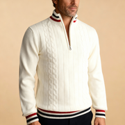 Men's Varsity Trim Cable Knit Quarter Zip Sweater, Stand Collar Pullover