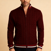 Men's Varsity Trim Cable Knit Quarter Zip Sweater, Stand Collar Pullover