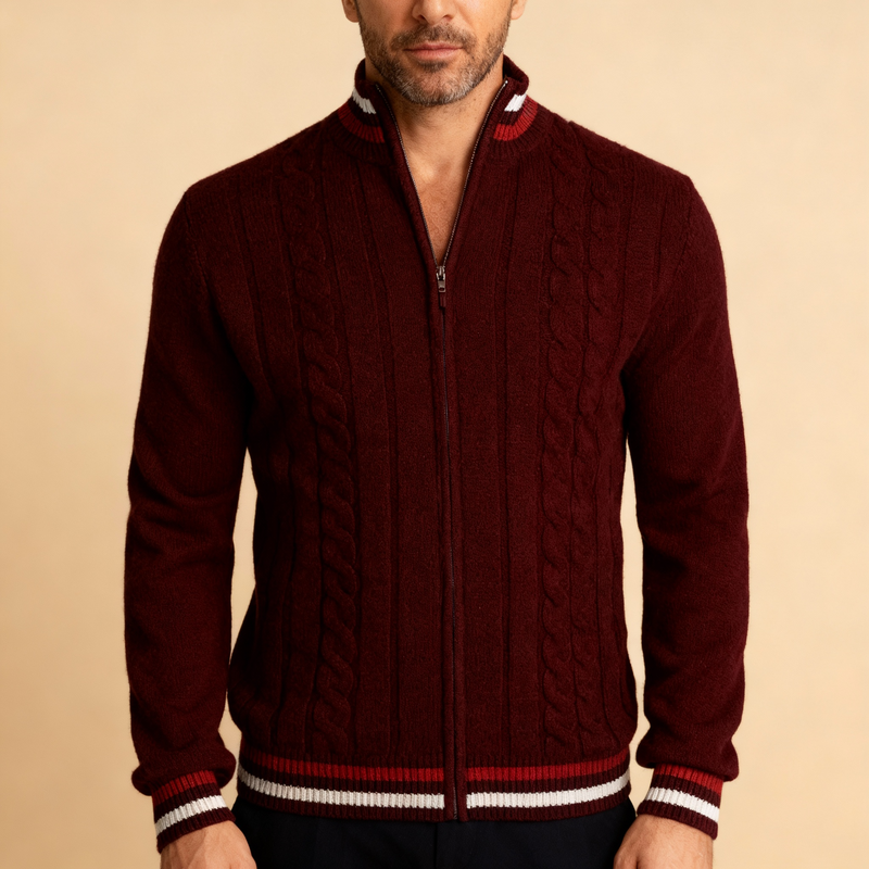 Men's Cotton Blend Cable Knit Quarter Zip Sweater with Varsity Stripe Trim